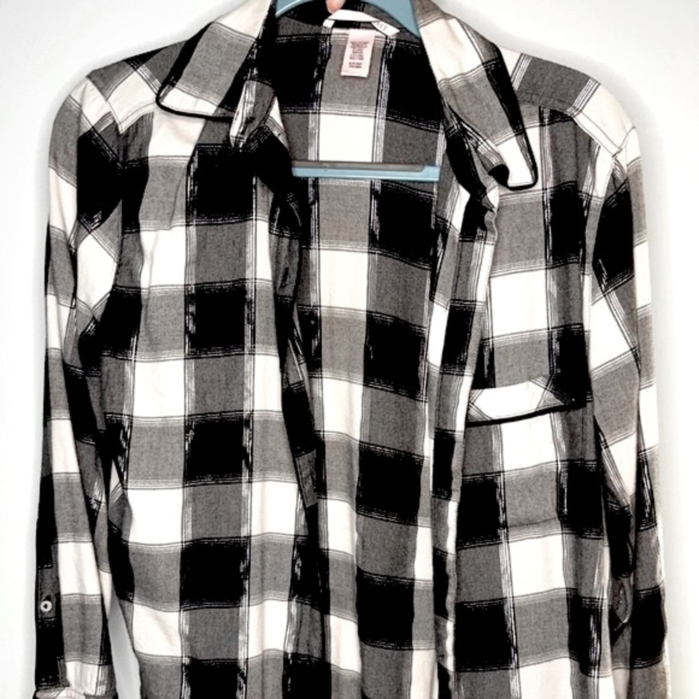 Victoria Secret Monochrome Plaid Long Sleeve Shirt Metallic Thread Detail